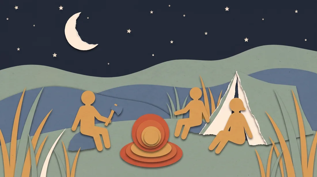 Cut-paper scene of three figures around a campfire at night