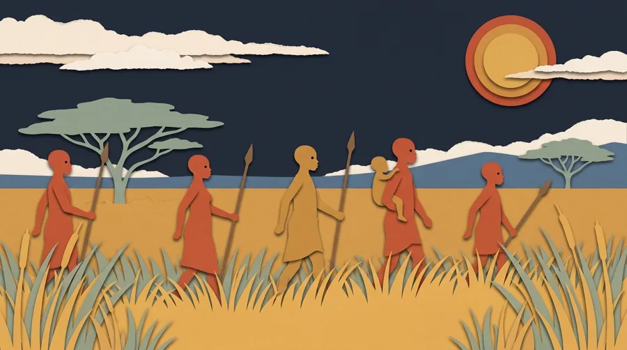 Cut-paper band of early humans crossing a golden grassland