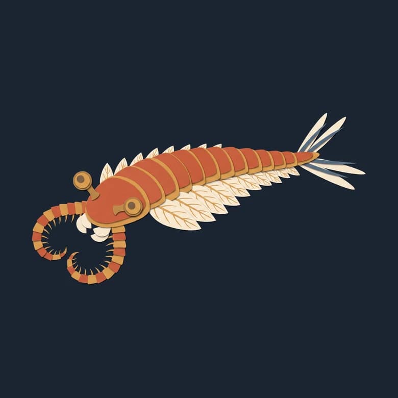 Cut-paper Anomalocaris, side view, with swimming flaps and two grasping arms