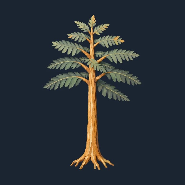 Cut-paper Archaeopteris, a tall tree with a woody trunk, flat leafy branches and spreading roots