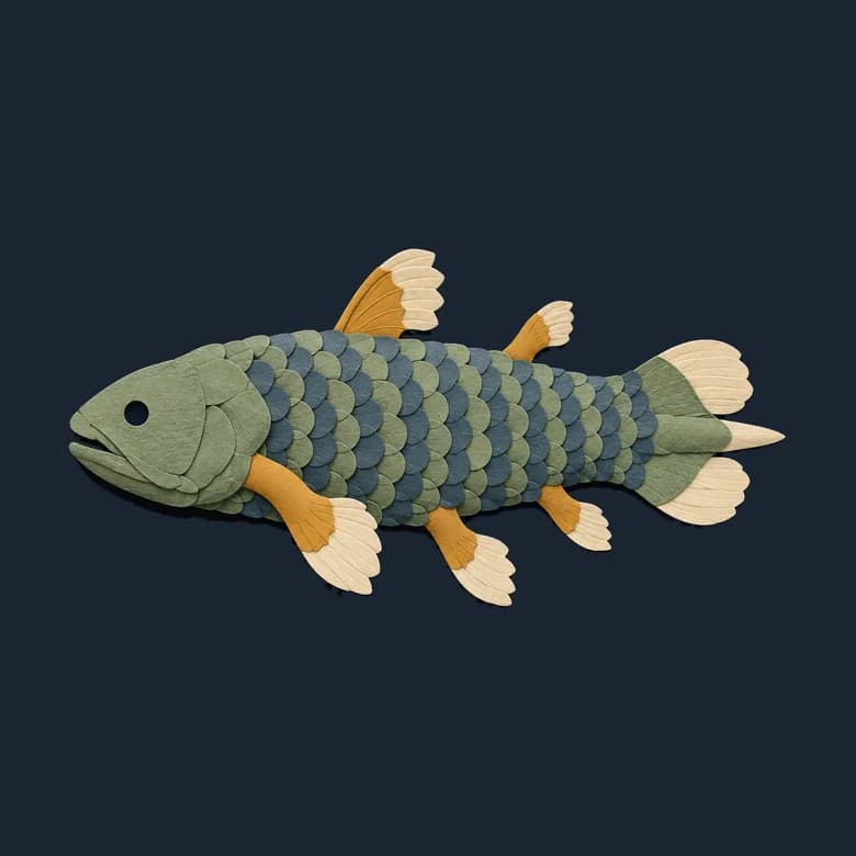 Cut-paper coelacanth in side view, a heavy scaled fish with fins on fleshy stalks