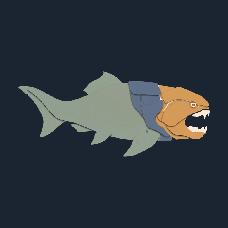 Cut-paper Dunkleosteus in side view, a heavy fish with a bony armored head and blade jaws
