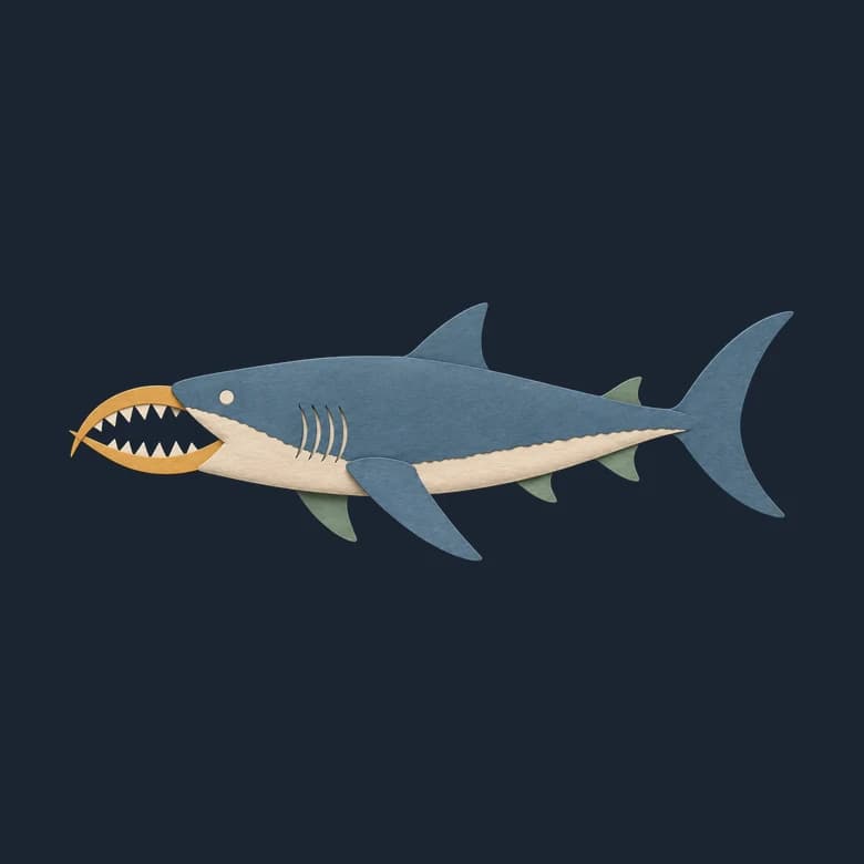 Cut-paper Edestus in side view, a shark-shaped fish with a curved blade of teeth jutting from each jaw
