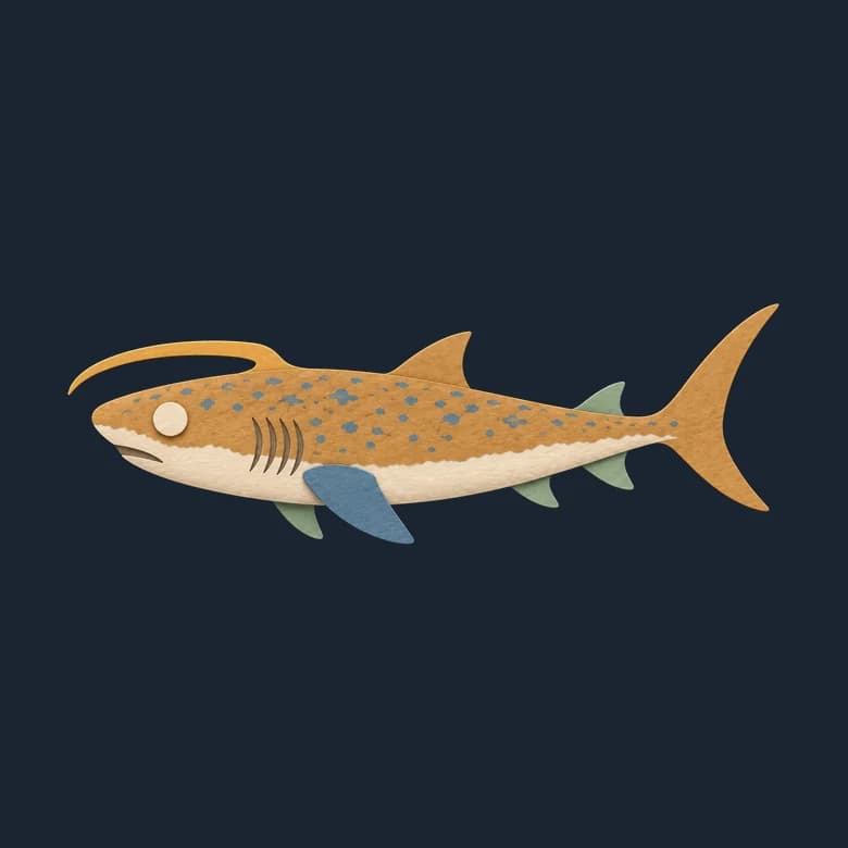 Cut-paper Falcatus in side view, a small shark-shaped fish with a flat spine curving forward over its head