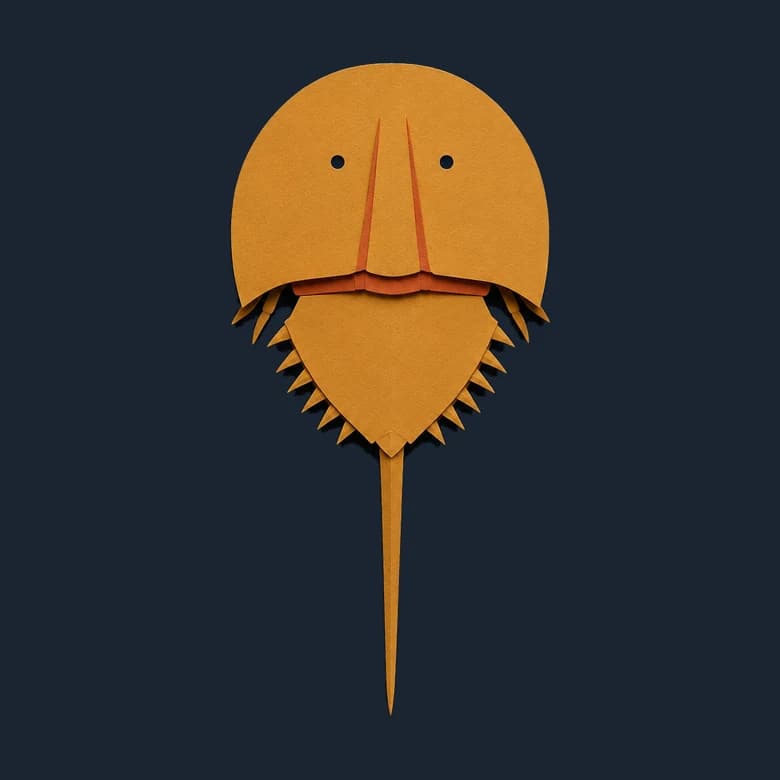 Cut-paper horseshoe crab seen from above, a rounded front shield, a hinged back plate and a tail spike