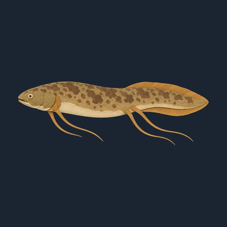 Cut-paper African lungfish, a long spotted eel-shaped fish with thin trailing fins