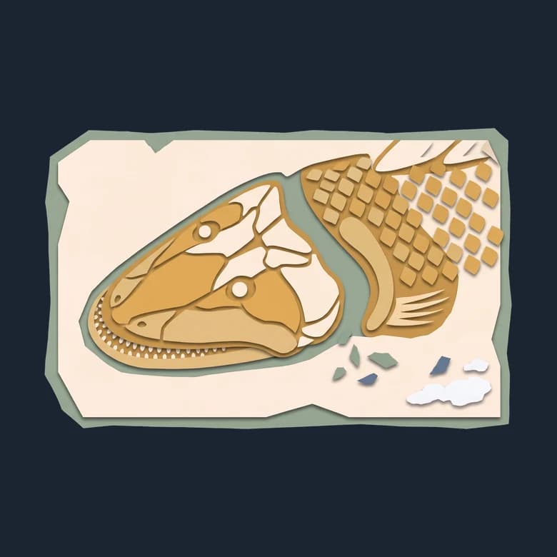 Cut-paper slab of rock holding the fossil of Tiktaalik, the fish his team found
