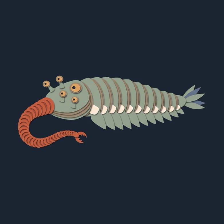 Cut-paper Opabinia with five stalked eyes and a long nozzle