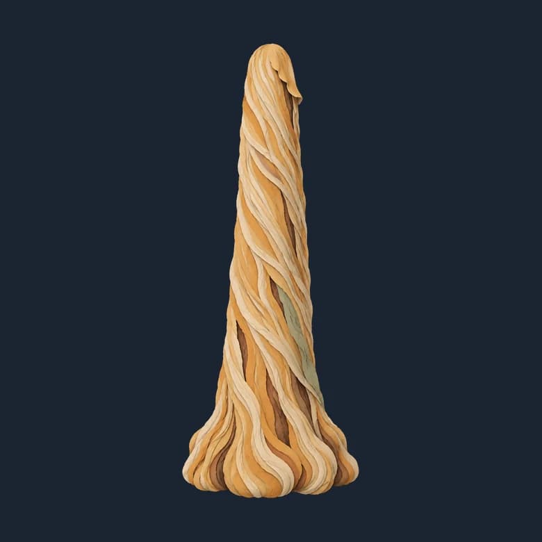 Cut-paper Prototaxites, a tall pale tapering column with no branches or leaves