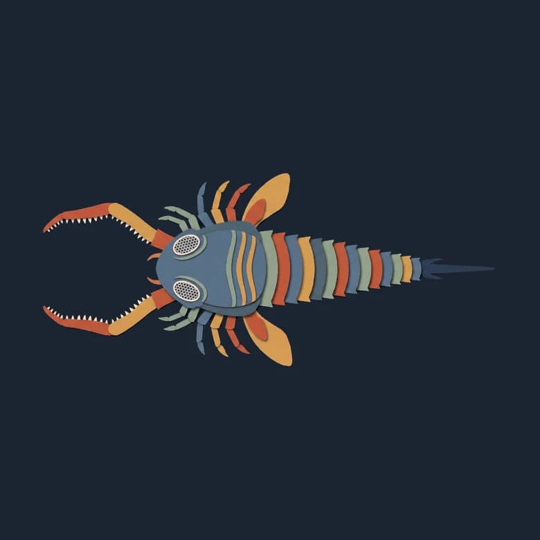 Cut-paper sea scorpion seen from above, with two long claws, swimming paddles and a segmented tail