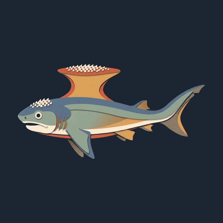 Cut-paper Stethacanthus in side view, a shark-shaped fish with a flat-topped anvil on its back covered in small teeth