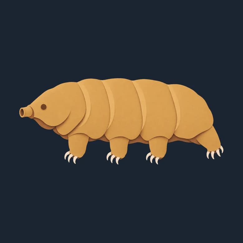 Cut-paper water bear, a plump segmented body on stubby legs