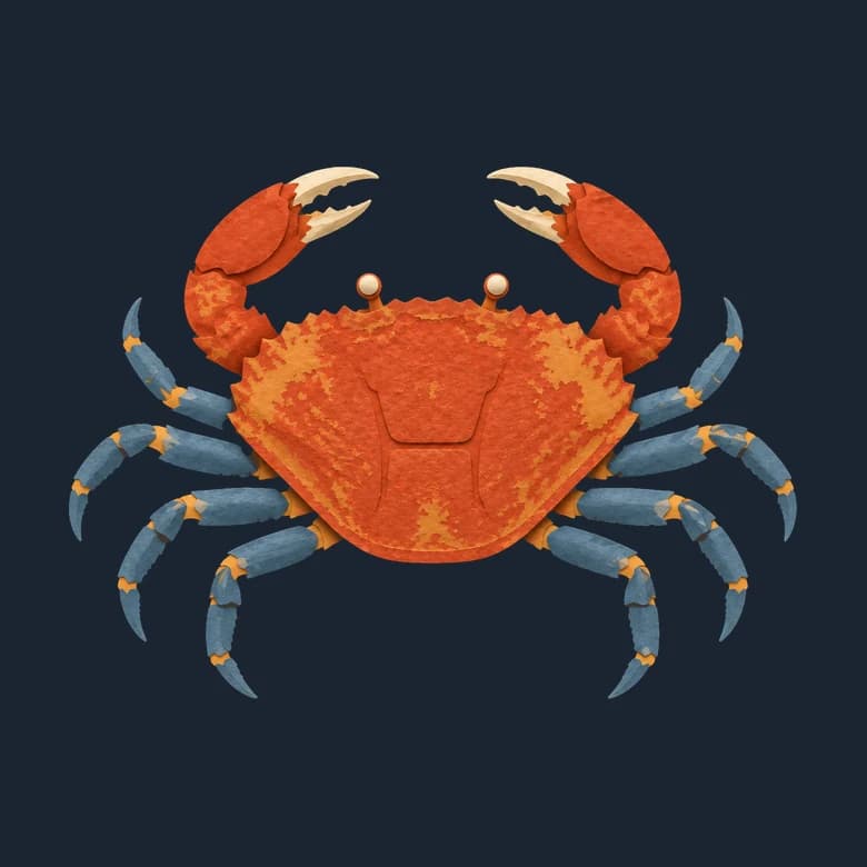 Cut-paper crab seen from above, a wide orange shell with two claws and eight legs