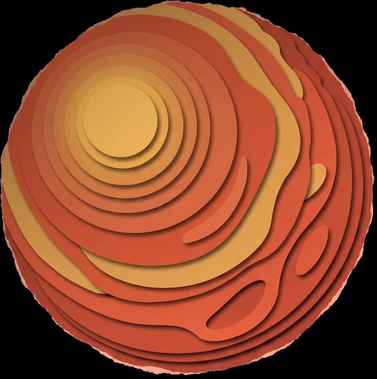 Cut-paper young Earth, glowing with bands of molten rock