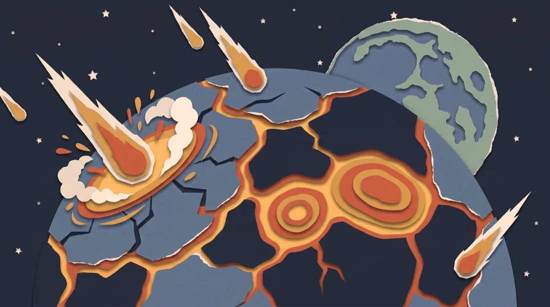 Cut-paper molten Earth under a meteor bombardment — the very beginning of the story